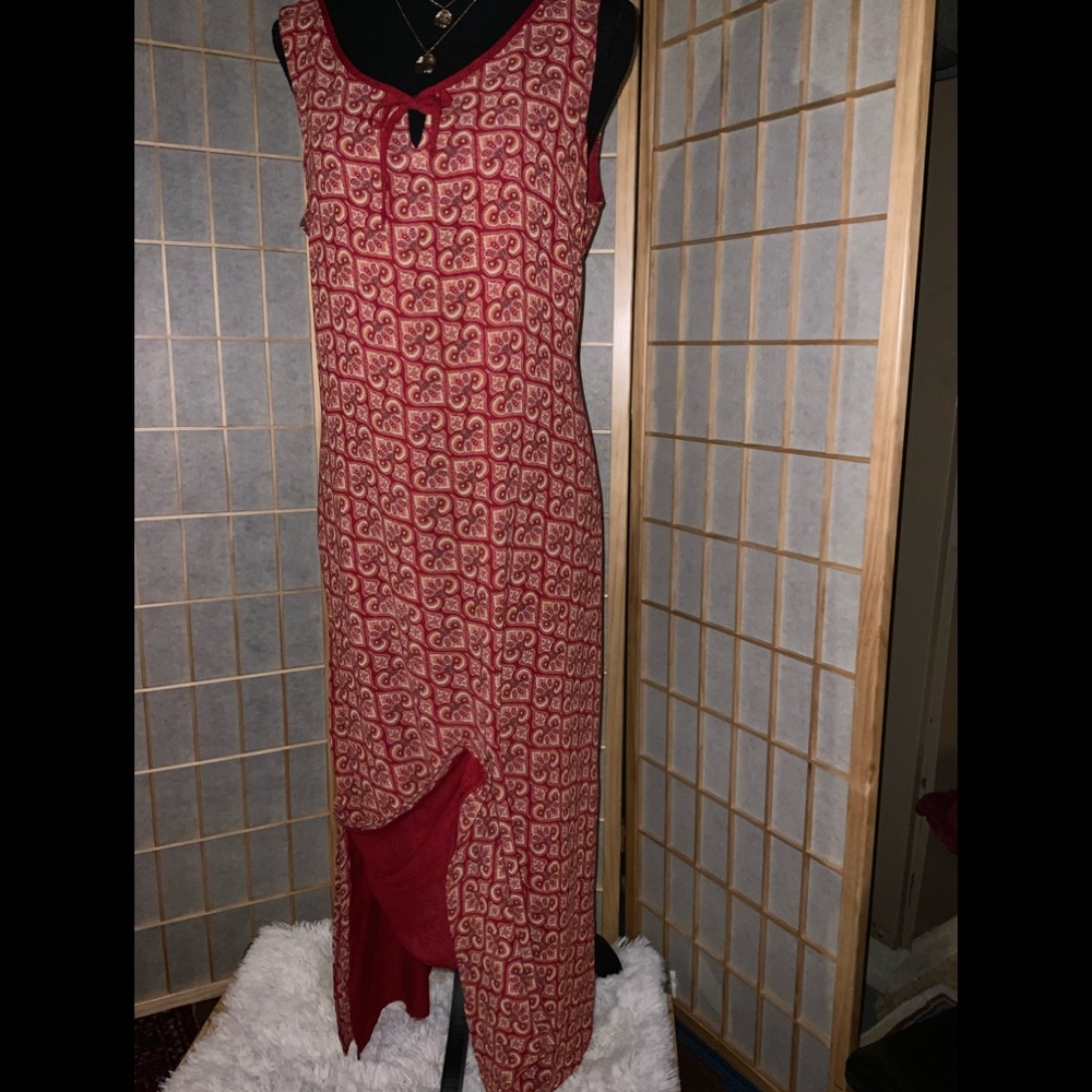 RED & TAN Reversible Sleevless maxi  dress with front tie.